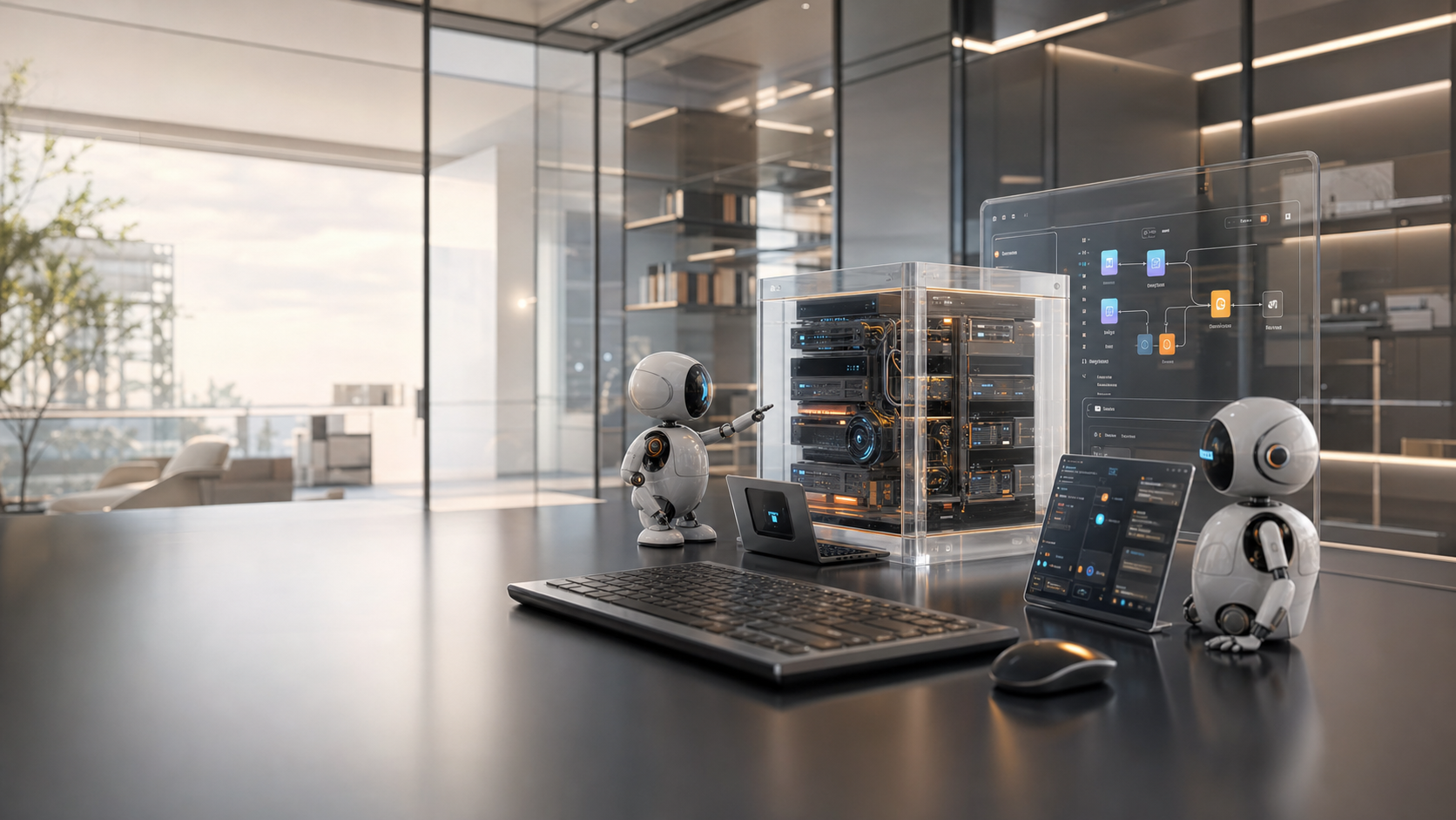 A premium Ennoz AI workspace with agent devices, server cube, and orchestration screens